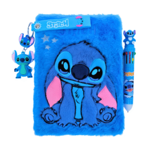 KIT CADERNO PELÚCIA STITCH CANETA 10 CORES E CHAVEIRO